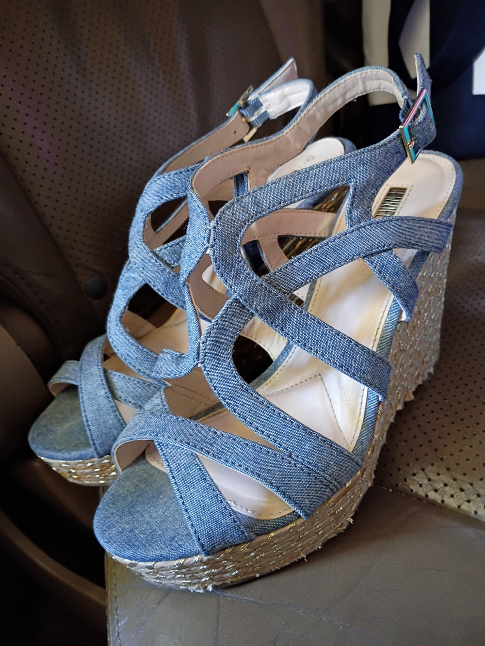 Womens Blue Denim Strappy Wedge Sandals
